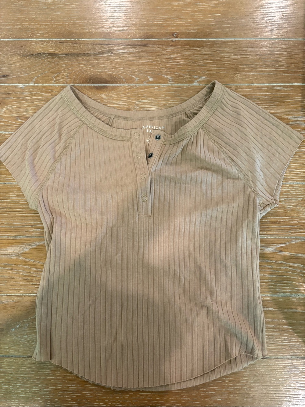 American Eagle Outfitters Ribbed Henley Short Sleeve Top - Tan